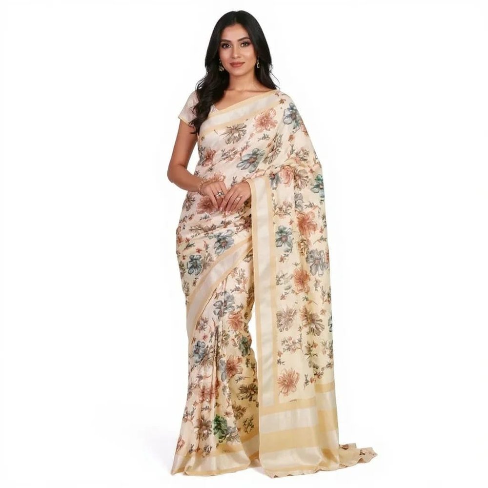 Stylish Linen Cotton Saree with Silver Jari Border & Digital Printed Pallu | Wax Finish | Handmade Jalar | 6.30m Saree with Unstitched Printed Blouse Piece | Festive, Wedding1 & Office Wear