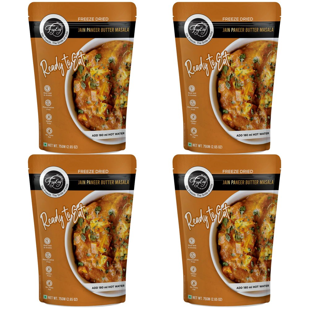 FzyEzy Freeze-Dried Jain Paneer Butter Masala | Instant Jain Indian Cuisine | No Onion, No Garlic Gravy | Jain Vegetarian Gourmet Delight | Ready-to-Eat | Gluten-Free | Preservative-Free | 4 Packs