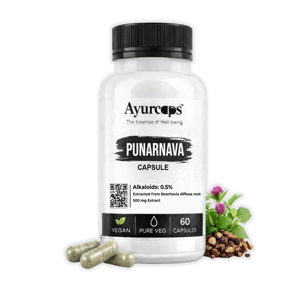 Ayurcaps Punarnava 500mg (60 Veg Capsules) | Ayurvedic Kidney And Liver Support Supplement | Helps Maintain Healthy Fluid Balance | Plant-based | No Added Preservatives (Pack of 1)