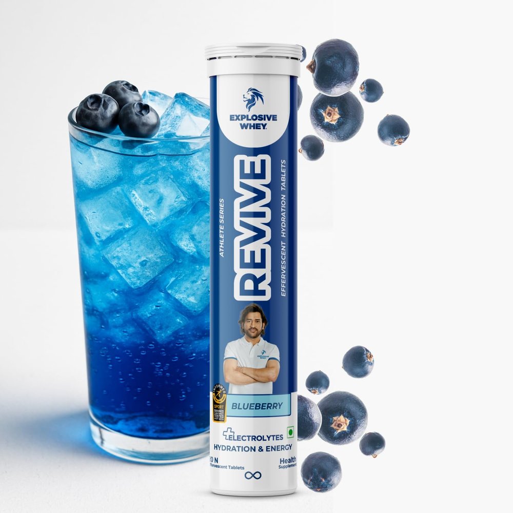 Explosive Whey Revive Effervescent Tablets - Trusted by MS Dhoni and Kedar Jadhav | Elevate Fitness & Stamina, Daily Rehydration | Informed Sport Certified (20 Tablets, Blueberry)