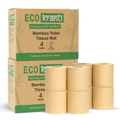 Eco Kranti - Bamboo Toilet Tissue Roll | 300 Pulls x 8 Packs | 100% Natural | Soft & Highly Absorbent | Biodegradable, Compostable & Eco-Friendly | Travel Friendly | Chemical-Free & Hypoallergenic