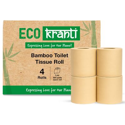 Eco Kranti - Bamboo Toilet Tissue Roll | 300 Pulls x 4 Packs | 100% Natural | Soft & Highly Absorbent | Biodegradable, Compostable & Eco-Friendly | Travel Friendly | Chemical-Free & Hypoallergenic