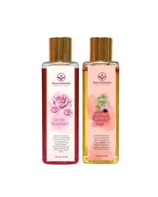 Eeva Extracts - Rose Water Sharbat & Kesar Kewda Sharbat  Natural Traditional Indian Syrup Concentrates | Premium Floral & Saffron Essence Drinks | Refreshing Beverage Mix for Milk Shakes,Ice Cream, Desserts | No Artificial Colors or Flavors I 320 g