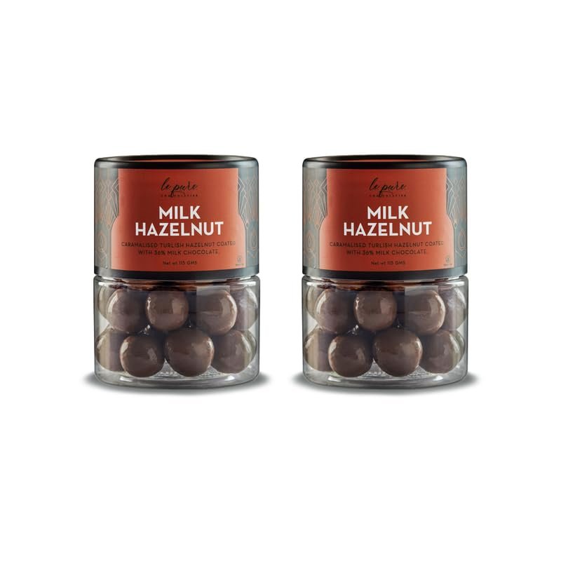 Le Pure Milk Hazelnut Dragees | Roasted Turkish Hazelnuts | Coated in 36% Creamy Milk Chocolate | Gourmet Dry Fruit Chocolate Treat, Luxury Chocolate Gift Box | Gluten-Free | 115g (Pack of 2)