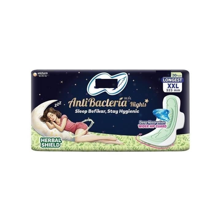 Antibacterial Nights XXL 30 Sanitary Pads with Wings, 323mm, Deep Absorption, Herbal sofyShield,