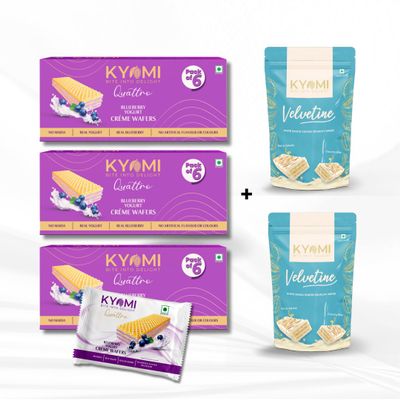 Kyomi Quattro Wafer Combo Blueberry Yogurt Crme Wafers (3 Boxes, 210g Each = 630g, No Maida, No Artificial Flavours) & Velvetine White Choco Coated Crunchy Wafers 160g | Crispy, Creamy Snacks for Kids & Adults | Chocolate Gift Pack, Total 780g (B-