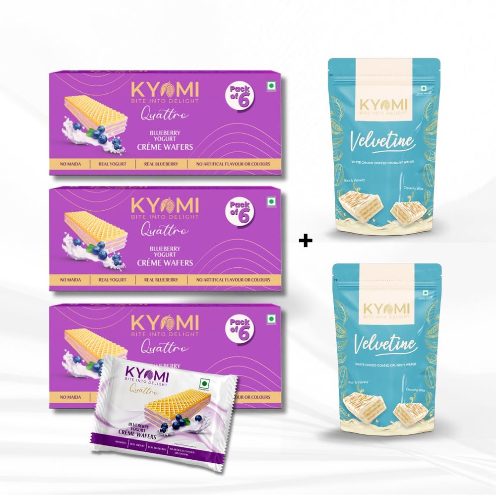 Kyomi Quattro Wafer Combo Blueberry Yogurt Crme Wafers (3 Boxes, 210g Each = 630g, No Maida, No Artificial Flavours) & Velvetine White Choco Coated Crunchy Wafers 160g | Crispy, Creamy Snacks for Kids & Adults | Chocolate Gift Pack, Total 780g (B-