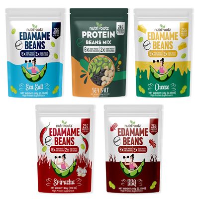 NUTRIROOTZ ROASTED EDAMAME BEANS | Pack of 5 (60g Each) | High Protein Super Snack | Plant-Based | Keto Friendly | Gluten-Free | Healthy Crunchy Snack