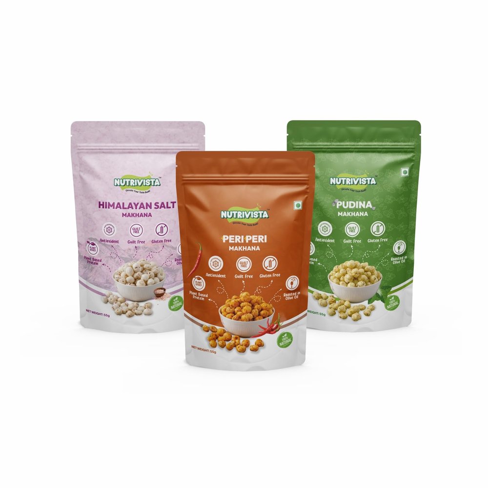 Nutrivista Premium Roasted Makhana Pack of 3 (55g Each) | Healthy Crunchy Fox Nuts | (Pack - 3 (55g each), Himalayan Salt, Peri Peri, Pudina)
