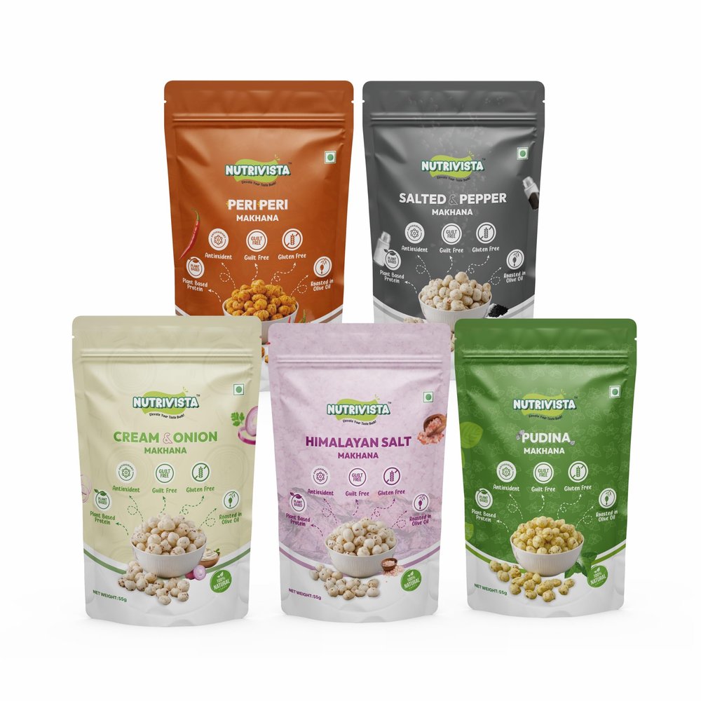 Nutrivista Premium Roasted Makhana Pack of 5 (55gEach) | Healthy Crunchy Fox Nuts | Protein-Rich, Gluten-Free Superfood Snack | Low Calorie, Diabetic-Friendly & Guilt-Free Munching for All Age Groups
