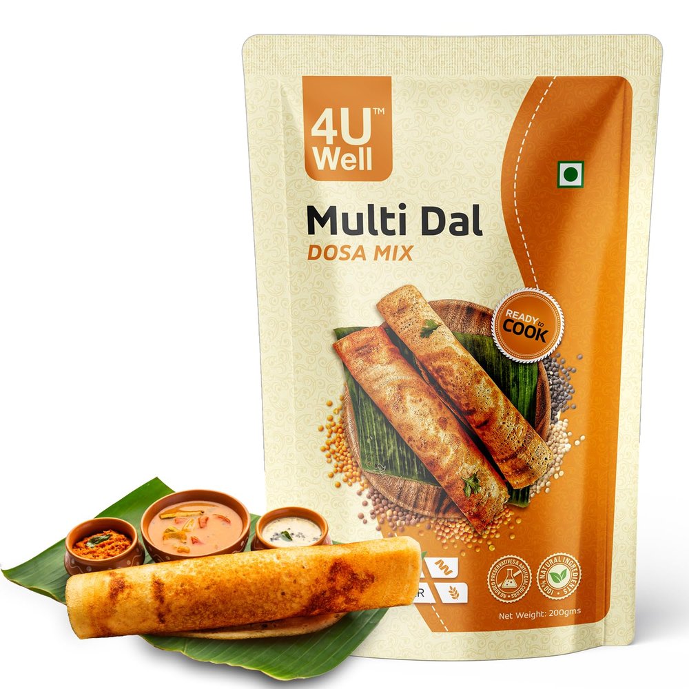 4UWell Instant Multi Dal Dosa Breakfast Mix 200g | High Protein and Fiber Pure Veg, Power of Five Dals In Every Dosa Indian Breakfast Mix | No of Servings Per Pack 8 (Approx)