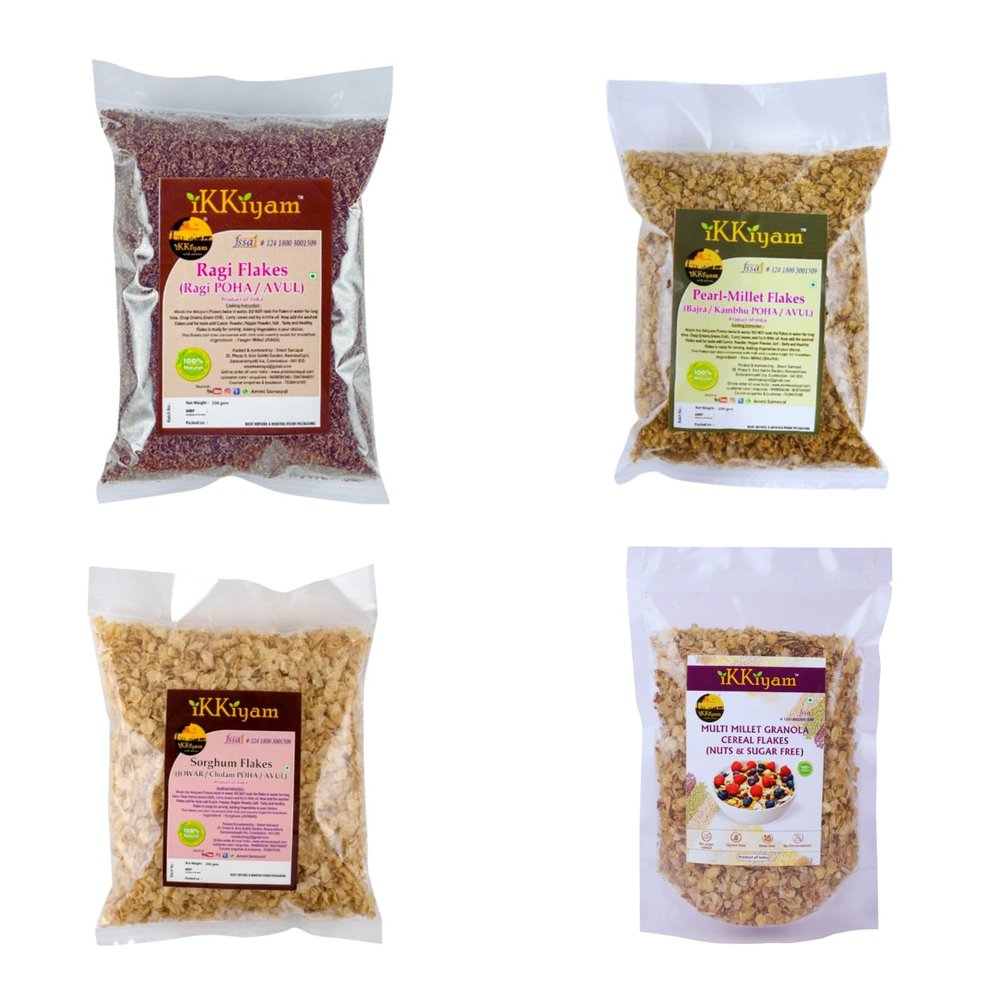 ikkiyam Combo of Bajra Jowar Ragi flakes and Multi millet Granola cereal flakes Nuts and Sugar free Pack of 4 250g Each Gluten-Free Best Breakfast for healthy day start No preservatives 100 Percent Natural grains for Kids and Adults