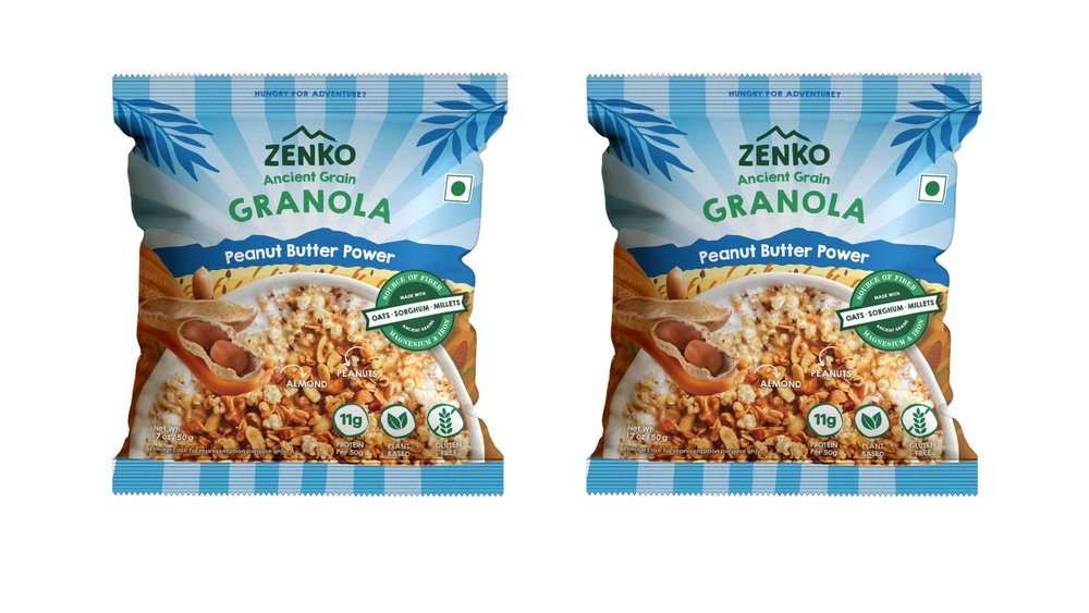 ZENKO Ancient Grain Granola | Peanut Butter Power | with Almonds, Popped Sorghum, Popped Millets | High Protein, Gluten Free, Plant Based | 50g | Pack of 2