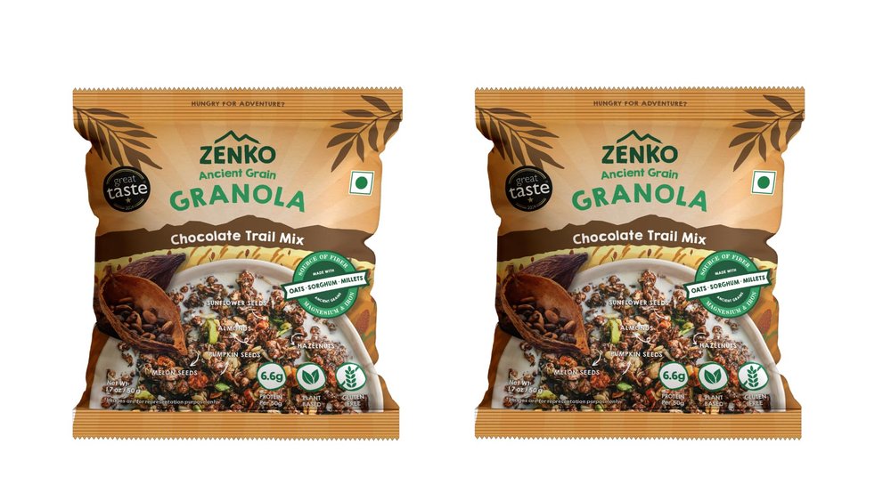 ZENKO Ancient Grain Chocolate Trail Mix Granola | Plant Based, Gluten Free, with Nuts and Seeds | 50g | Pack of 2