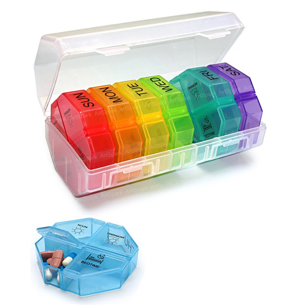ArtSpark Pill Organizer Box 7 Day Medicine Storage Box with 4 Times a Day and Separate Compartments, Portable Tablet Holder & Pill Case for Daily Use