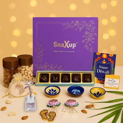 SnaXup Luxury Diwali Gift Box, Purple, Premium Chocolate Hamper with Decorative Diyas, Dry Fruits, Traditional Potli Bags, Festival Collection - Sabki Diwali Hamper