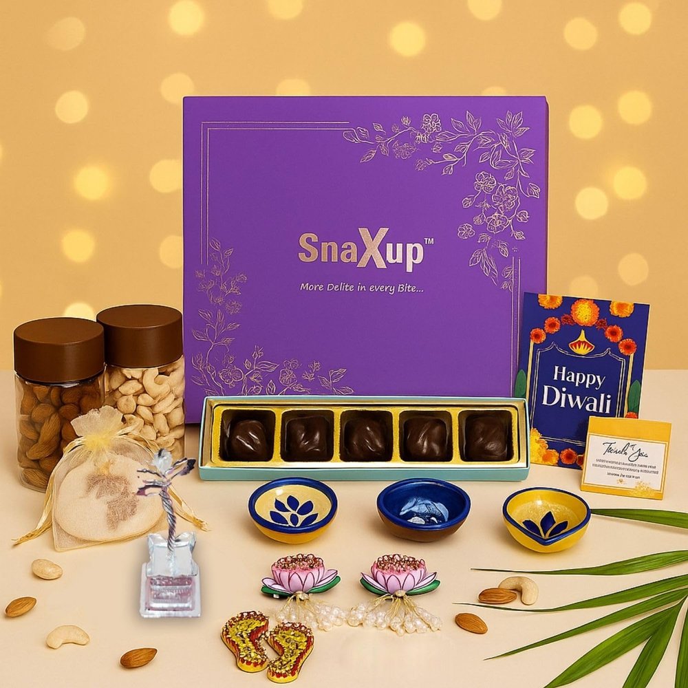 SnaXup Luxury Diwali Gift Box, Purple, Premium Chocolate Hamper with Decorative Diyas, Dry Fruits, Traditional Potli Bags, Festival Collection - Sabki Diwali Hamper