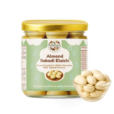 NiShru Almond Rabadi Elaichi | Chocolate Almonds | Rabadi Elaichi Flavoured | Sweet Crunchy Nut Snack Perfect for Snacking, Gifting & Festivals | 150g