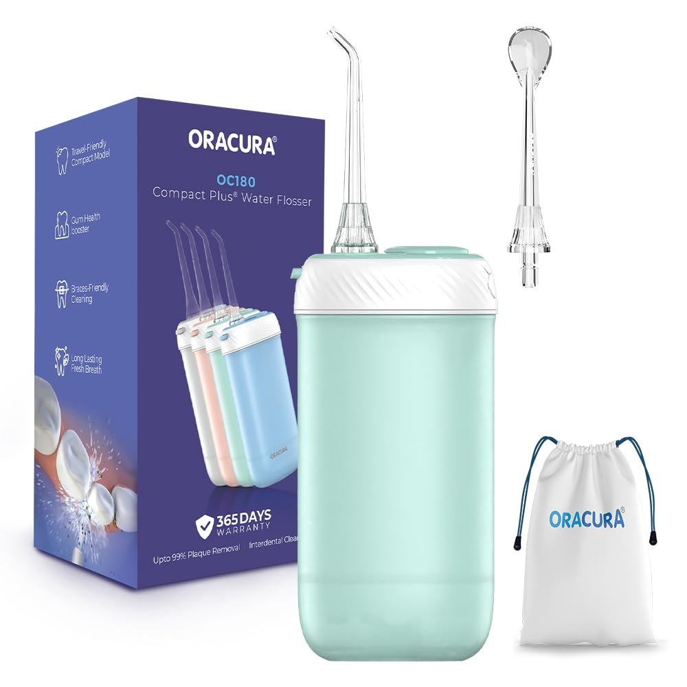 ORACURA OC180 Compact Plus Water Flosser | Portable & Handy Oral Irrigator | 4 Modes & 8 Adjustable Water Pressure Settings | 365 Days Warranty | Travel-Friendly (Green)