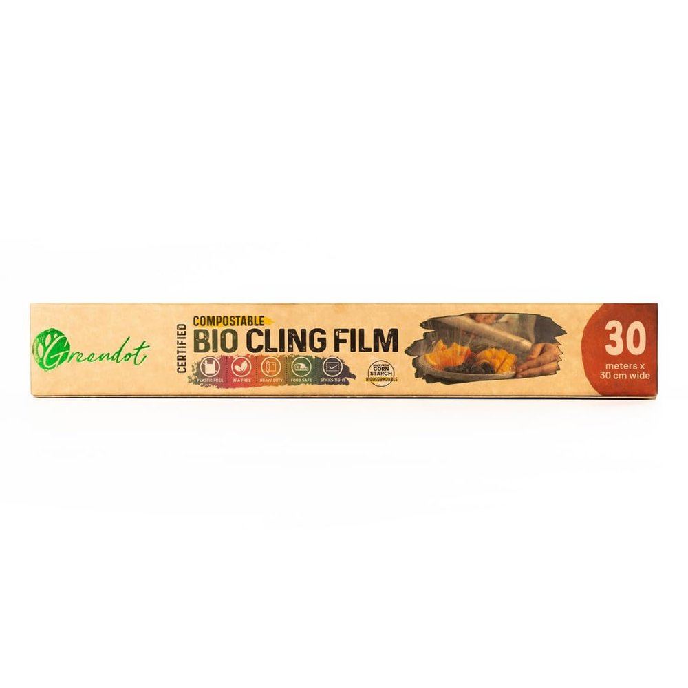 GREENDOT BIOPAK Biodegradable & Compostable Bio Cling Film Wrap (30m x 30cm), Made from Corn Starch, Ideal for Food Storage & Packing, Plastic-Free, BPA-Free, Food-Safe Multipurpose Food Cling Film