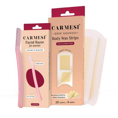 Carmesi Face Razor (Pack of 3) + Deep Nourish Body Wax Strips (20 strips, 4 post-wax wipes) | Smooth & Painless Hair Removal for Women | Soft & Silky Skin | Cold Waxing | Safe for All Skin Types
