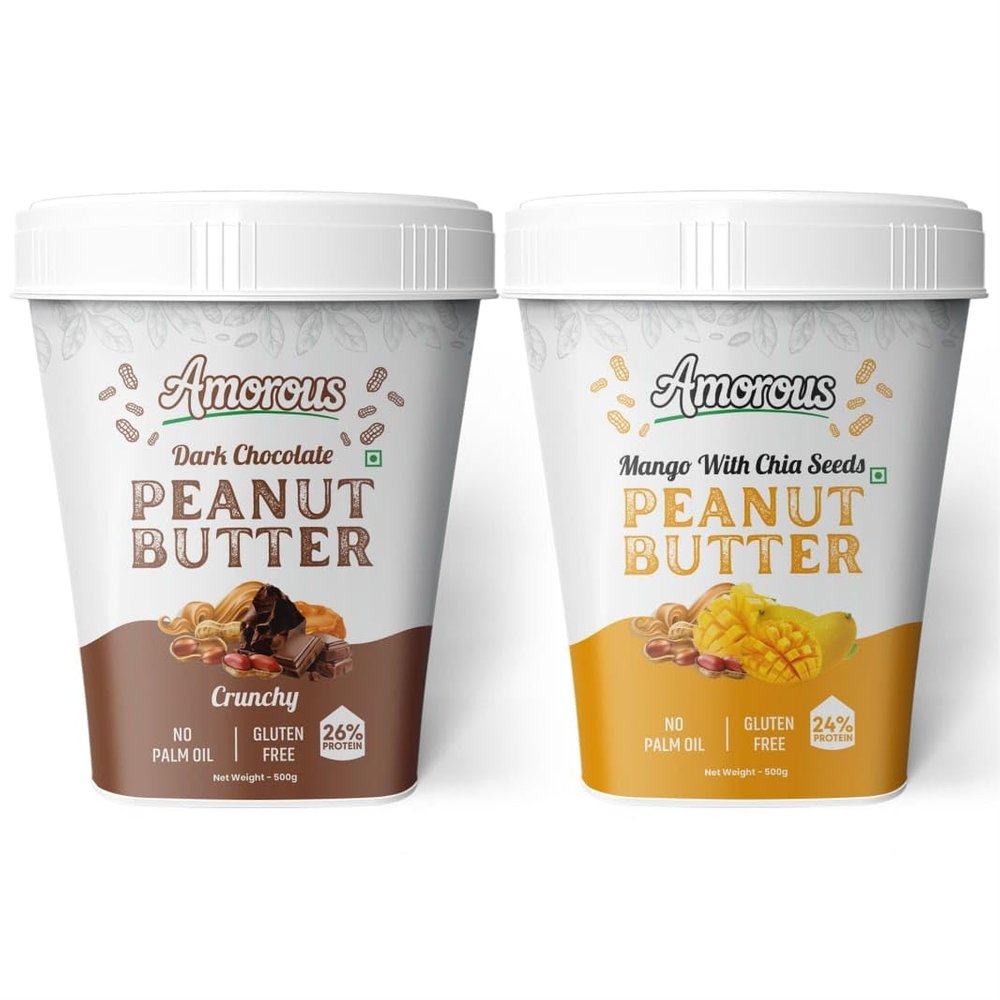 Amorous Dark Chocolate and Mango Chia Seeds Peanut Butter Combo Pack | 500g Each | Gluten Free High Protein Healthy Natural Peanut Butter Spread
