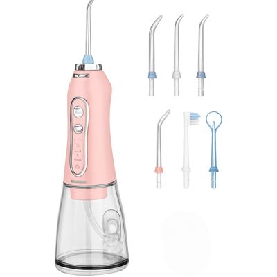 H2ofloss Water Flosser Portable Dental Oral Irrigator with 5 Modes, 6 Replaceable Jet Tips, Rechargeable Waterproof Teeth Cleaner for Home and Travel -300ml Detachable Reservoir (Light Pink)