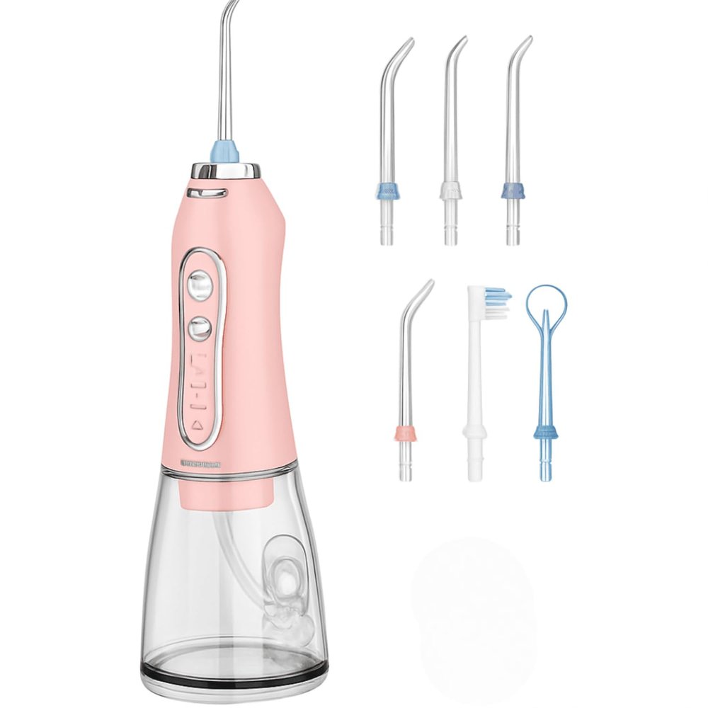 H2ofloss Water Flosser Portable Dental Oral Irrigator with 5 Modes, 6 Replaceable Jet Tips, Rechargeable Waterproof Teeth Cleaner for Home and Travel -300ml Detachable Reservoir (Light Pink)