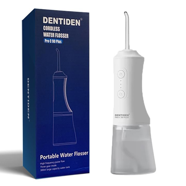 DENTIDEN Pro C90 Plus Cordless Water Flosser, 360 Rotating Tips, 3 Modes, 4 Nozzles, White