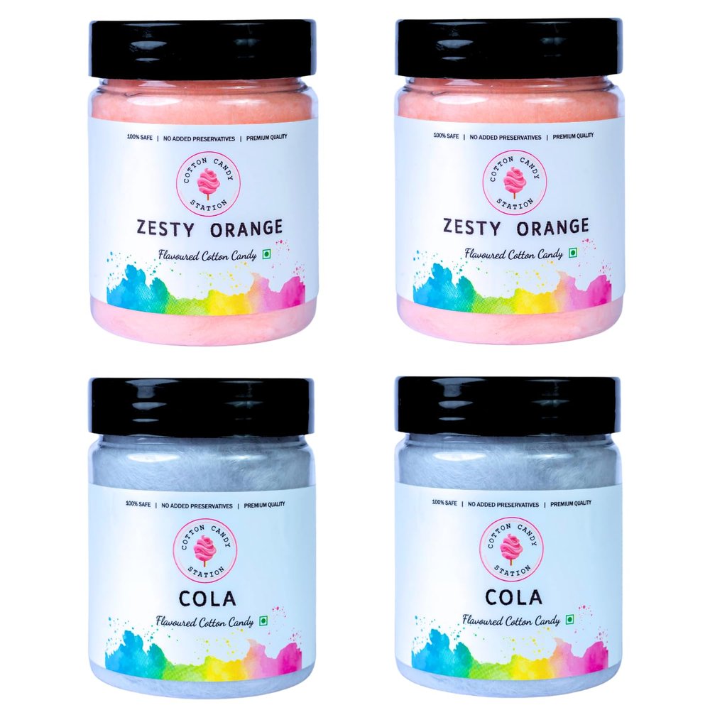 Cotton Candy Zesty Orange & Cola Flavour - 20g Each (Pack Of 4) | Light | Vegan | Perfect for Parties | Birthday Parties/Weddings/Festivals/Baby Showers/Corporate Events | 100% Safe | No Added Preservatives