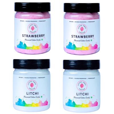 Cotton Candy Strawberry & Litchi Flavour Combo - 20g Each (Pack Of 4) | Light | Vegan | Perfect for Parties | Birthday Parties/Weddings/Festivals/Baby Showers/Corporate Events | 100% Safe | No Added Preservatives