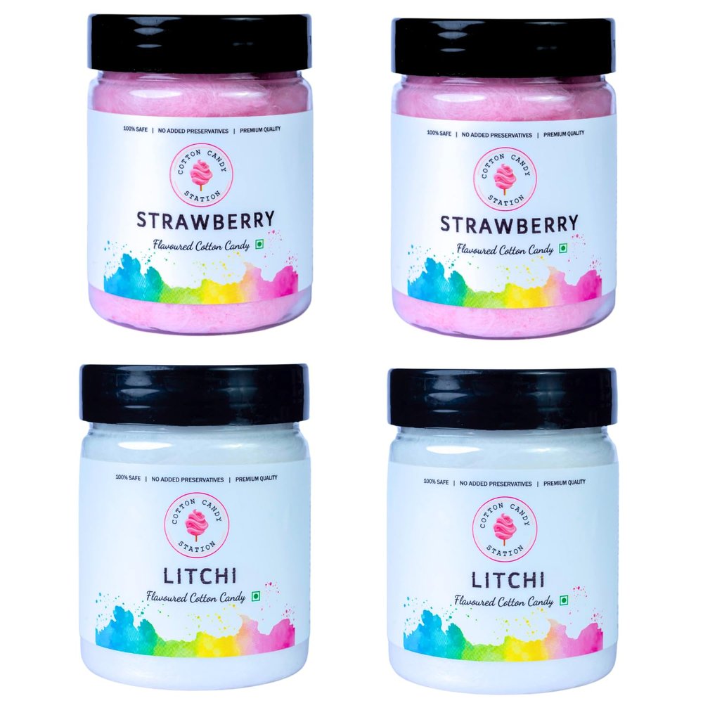 Cotton Candy Strawberry & Litchi Flavour Combo - 20g Each (Pack Of 4) | Light | Vegan | Perfect for Parties | Birthday Parties/Weddings/Festivals/Baby Showers/Corporate Events | 100% Safe | No Added Preservatives