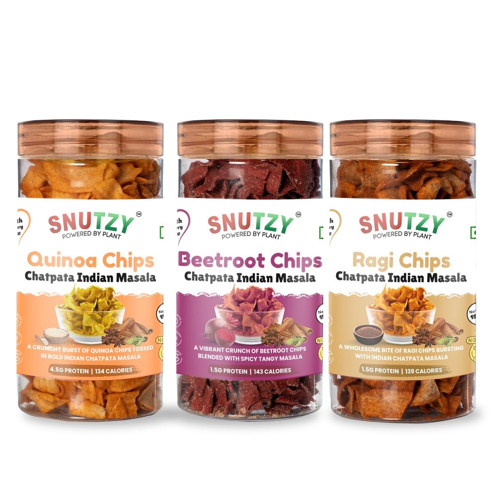 SNUTZY RagiQuinoaBeetroot Chips | Chatpata Indian Masala || Crunchy Millet & Veg Chips, Healthy & Guilt Free Snack | Combo Pack (3 Jars x 150g Each)