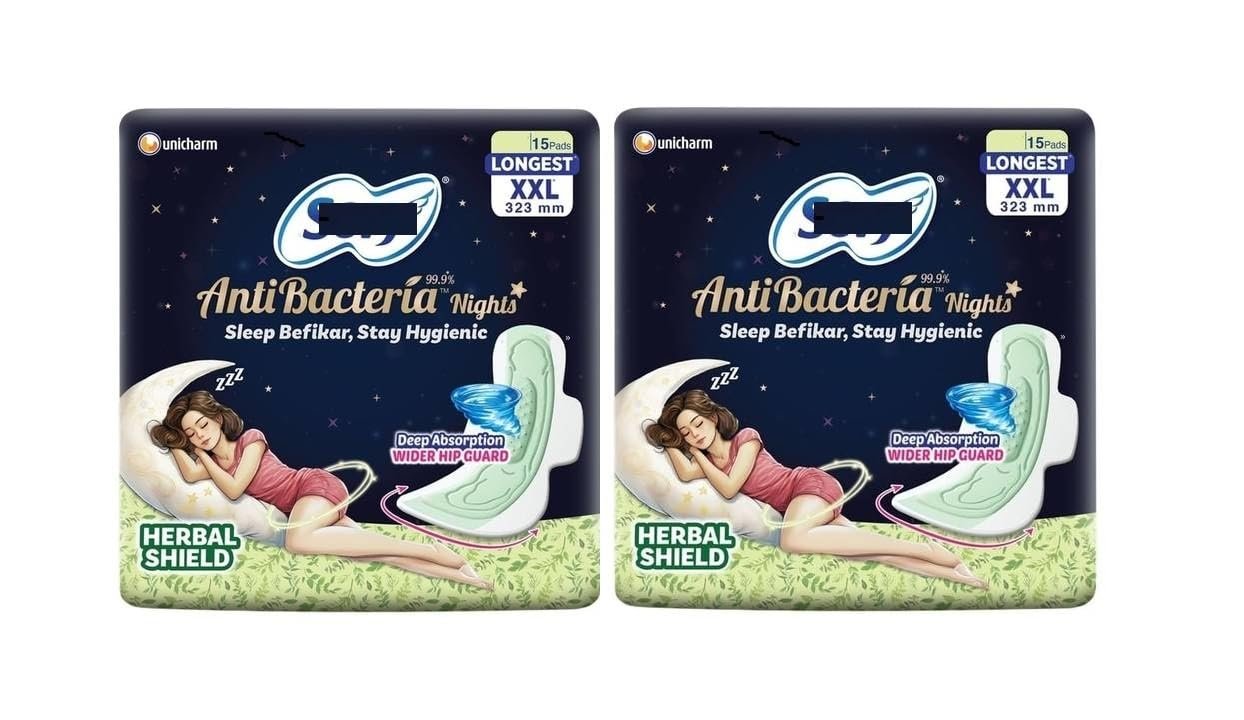 AntiBacteria Nights XXL 15+15 Sanitary Pads, 323mm Length, Deep Absorption with Wider Hip Guard, Herbal sofyShield