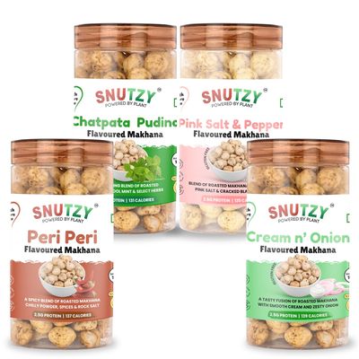 SNUTZY-Peri-Peri, Cream & Onion, Pink Salt & Pepper, and Pudina(Mint) Flavoured Makhana (4JARS IN ONE 70G EACH)