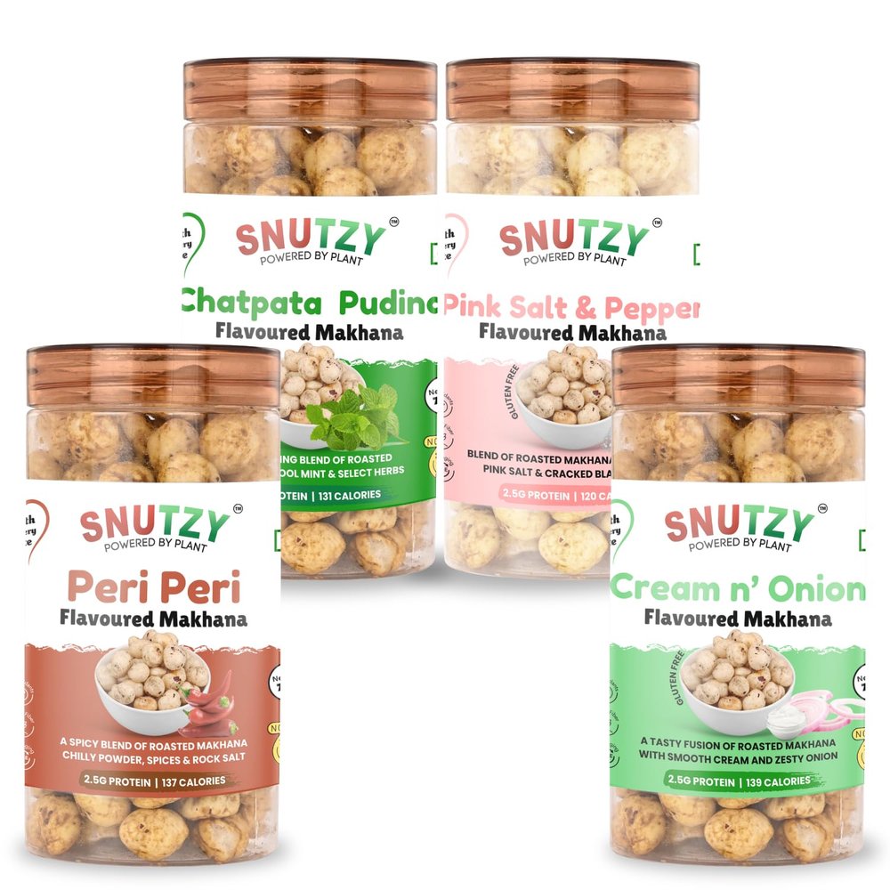SNUTZY-Peri-Peri, Cream & Onion, Pink Salt & Pepper, and Pudina(Mint) Flavoured Makhana (4JARS IN ONE 70G EACH)
