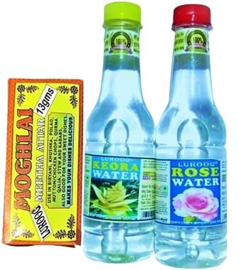 KRM313 Lukoog Keora Water 300ml+Rose Water 300ml+Meetha Attar13gm(Combo Pack of 3) Use For Biryani,Pulao,Fried Rice & other Recipes,It must be your choice