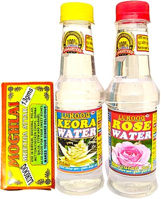 KRM213 Lukoog Keora Water 200ml+Rose Water 200ml+Meetha Attar13gm(Combo Pack of 3) Use For Biryani,Pulao,Fried Rice any type of Sweets & other Recipes,It must be your choice