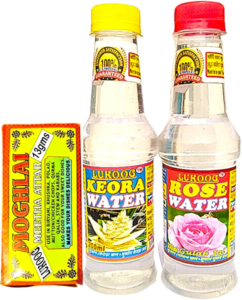 KRM213 Lukoog Keora Water 200ml+Rose Water 200ml+Meetha Attar13gm(Combo Pack of 3) Use For Biryani,Pulao,Fried Rice any type of Sweets & other Recipes,It must be your choice