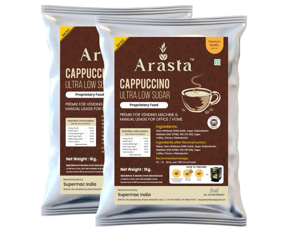 Arasta Cappuccino Premix Ultra Low Sugar | Instant Coffee Powder for Vending Machine & Manual Use | 1 Kg Each (Pack of 2)