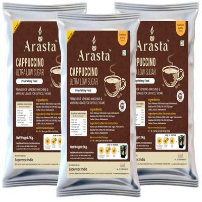 Arasta Cappuccino Premix Ultra Low Sugar | Instant Coffee Powder for Vending Machine & Manual Use | 1 Kg Each (Pack of 3)