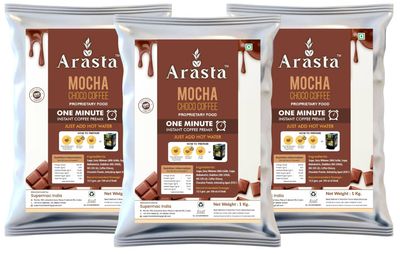 Arasta Instant Mocha Choco Coffee Premix | 3 in 1 Premix Coffee | Milk Not Required | Just Add Hot Water | Suitable for Manual & All Vending Machines | Pack of 3 x 1kg Pouch