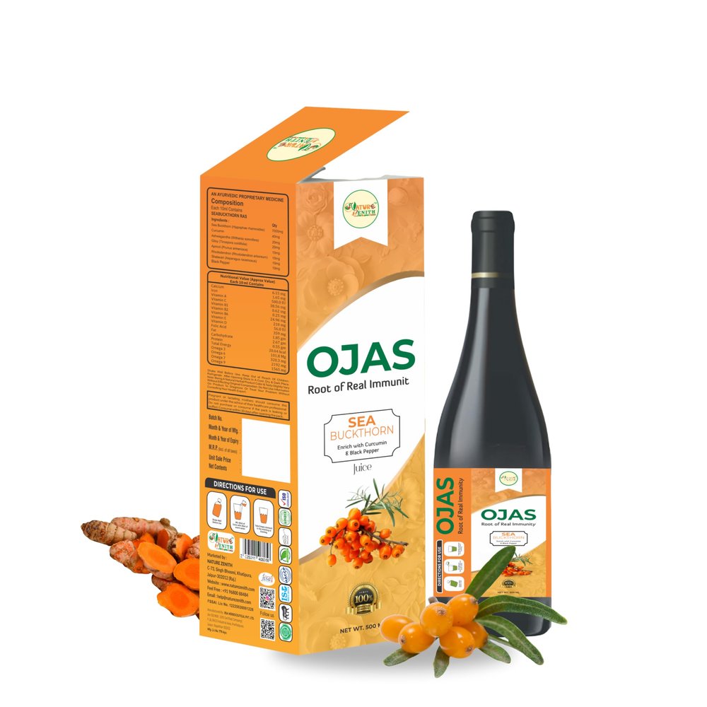 Nature Zenith Ojas Immunity Booster Juice 500ml | Himalayan Sea Buckthorn Berry Juice | Vitamin C & Omega 3 6 7 9 | Curcumin, Ashwagandha, Giloy | Antioxidant, Skin Glow, Gut & Daily Wellness Support