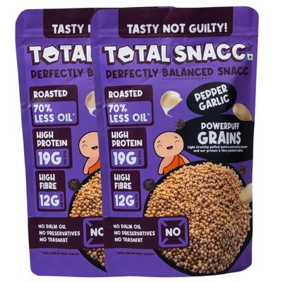 TOTAL SNACC Powerpuff Grains Pepper Garlic (100g x 2 Packs) | Quinoa Jowar Puff Murmura | High Protein 19g | High Fibre 12g | Roasted Not Fried | 70% Less Oil | No Palm Oil | Baked Namkeen | Healthy Snacks | Diabetic Friendly | Millet Goodness | No J