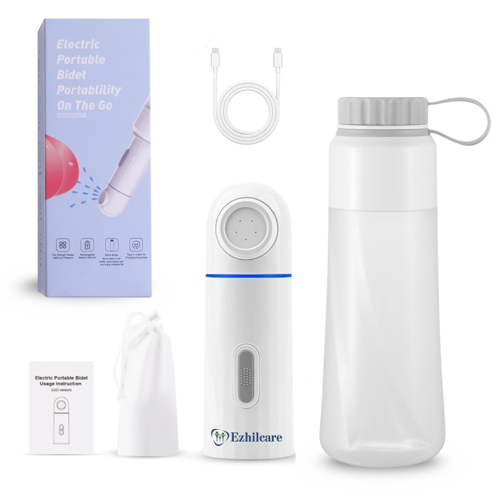Ezhilcare Portable Jet Spray for Toilet for Travel | Compact & Lightweight Bidet Spray for Toilet | Jet Spray Portable | USB Rechargeable with 350ml Capacity Bottle(Compact) (Compact)