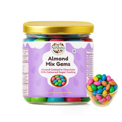 NISHRU Almond Mix Gems | Chocolate Coated Almonds with Colorful Candy Shell | Crunchy & Sweet Assorted Almonds | Party Snack, Festive Gifting & On-the-Go Treat | 100 Gram