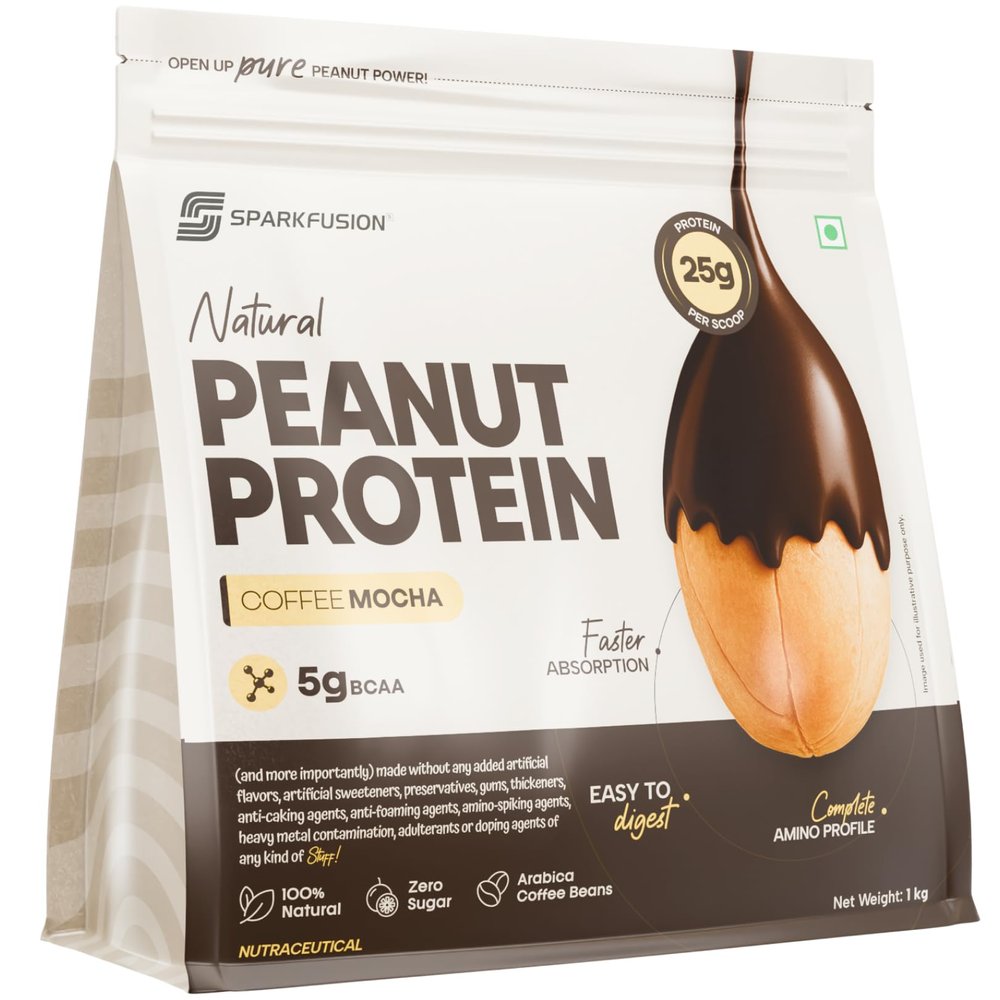 Sparkfusion Natural Peanut Protein IsolateCoffeeMocha Flavor25g Protein, 5g BCAA, Zero Sugar, Gut-Friendly, Vegan, Lab-Tested, No Artificial Additives -1 kg