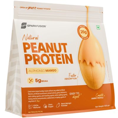 Sparkfusion Natural Peanut Protein IsolateAlphonso Mango Flavor25g Protein, 5g BCAA, Zero Sugar, Gut-Friendly, Vegan, Lab-Tested, No Artificial Additives - 500 gm