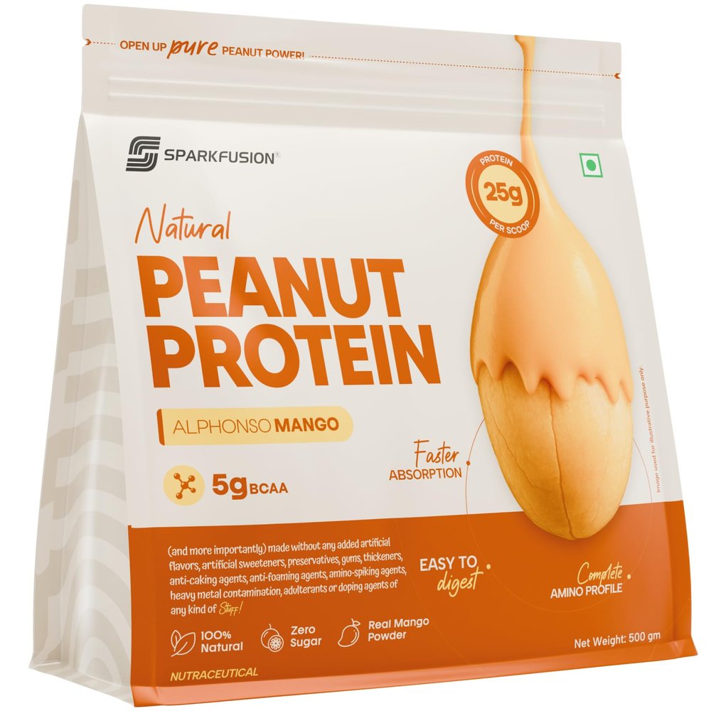 Sparkfusion Natural Peanut Protein IsolateAlphonso Mango Flavor25g Protein, 5g BCAA, Zero Sugar, Gut-Friendly, Vegan, Lab-Tested, No Artificial Additives - 500 gm