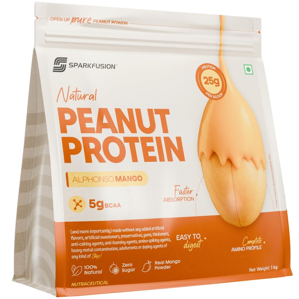 Sparkfusion Natural Peanut Protein IsolateAlphonso Mango Flavor25g Protein,5g BCAA, Zero Sugar, Gut-Friendly, Vegan, Lab-Tested, No Artificial Additives - 1 kg